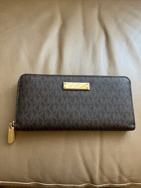 Michael Kors Brown Zip-Around Continental Wallet with Gold Zip Pull